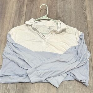 Hollister White and Blue Collared Long Sleeve Crop Top